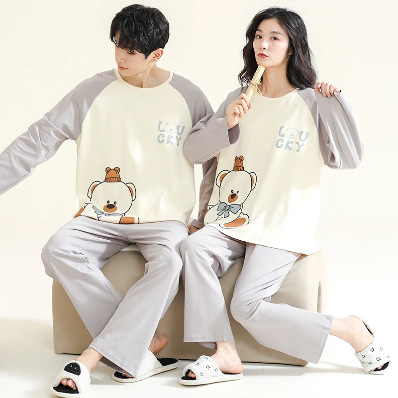 Bear Cute Cartoon Printed Pajamas Set for Men and Women Spring Long Homewear Youth Girl Boy Nightwear Cotton Pijamas for Couples