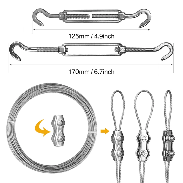 Shade Sail Hardware Kit 15 Méteres Kábelhuzal -Rozsdamentes Acél Napellenző Lombkorona Telepítő Készlet Turnbuckles Szemhorog A Kerthez - Image 5
