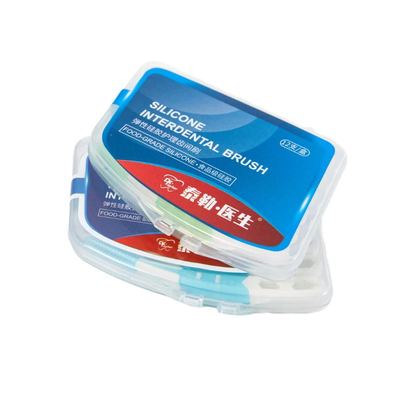 12개입/박스 실리콘 치간 칫솔 이쑤시개 치아 사이 실리콘 이쑤시개 실 포함 구강 청결 도구