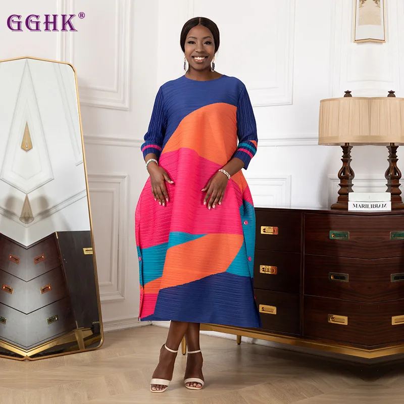 

Miyake High-quality Pleated Color Blocking Round Neck Long-sleeved Dress 2023 Summer New Temperament Elegant Mid-length Dresses