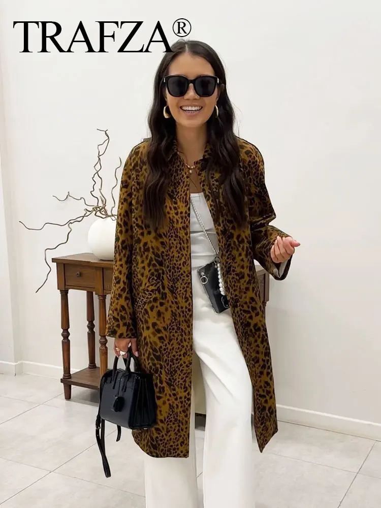 TRAFZA Women Fashion Leopard Print Trench Coat Vintage Long