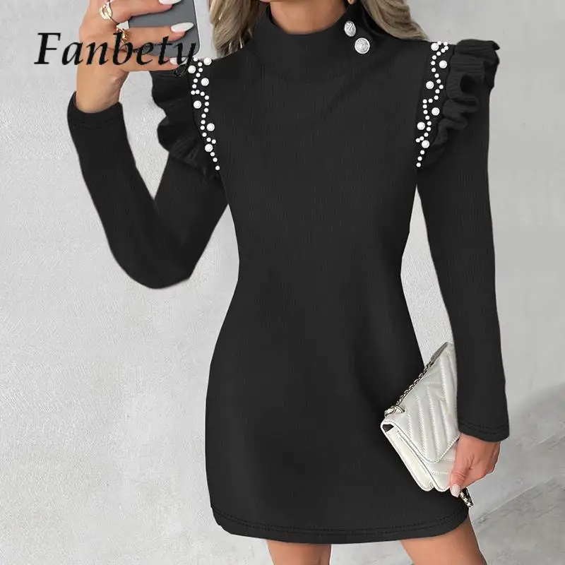 

Fashion New Long Sleeve Solid Bodycon Dresses Female Chic Office Lady Slim Mini Vestido Half High Collar Dress for Women Elegant