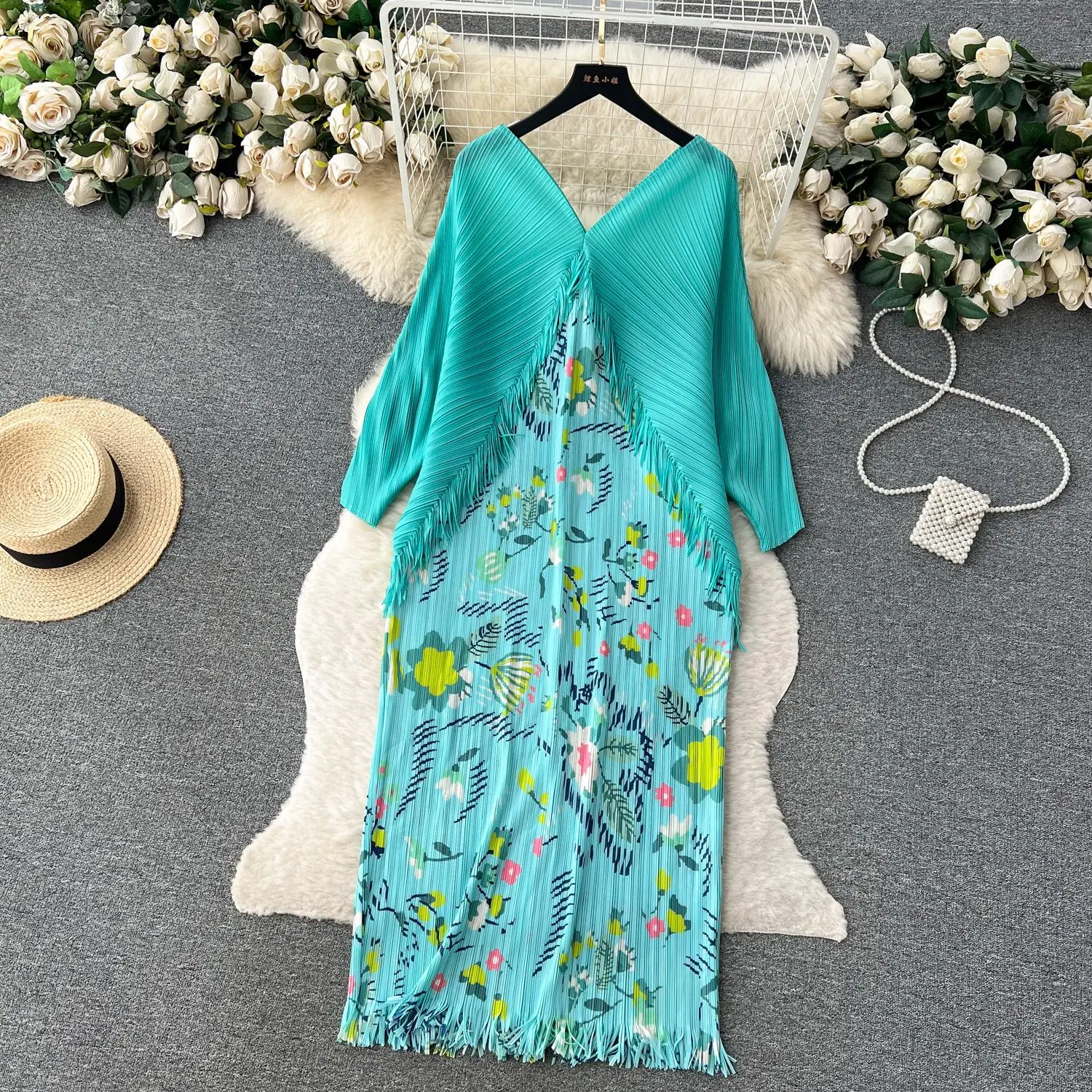 

Miyake Pleated Dress Woman Tassel Bawting Sleeve Floral Print Loose Casual Style Summer Fashion V-Neck Long Prom Dress M1893