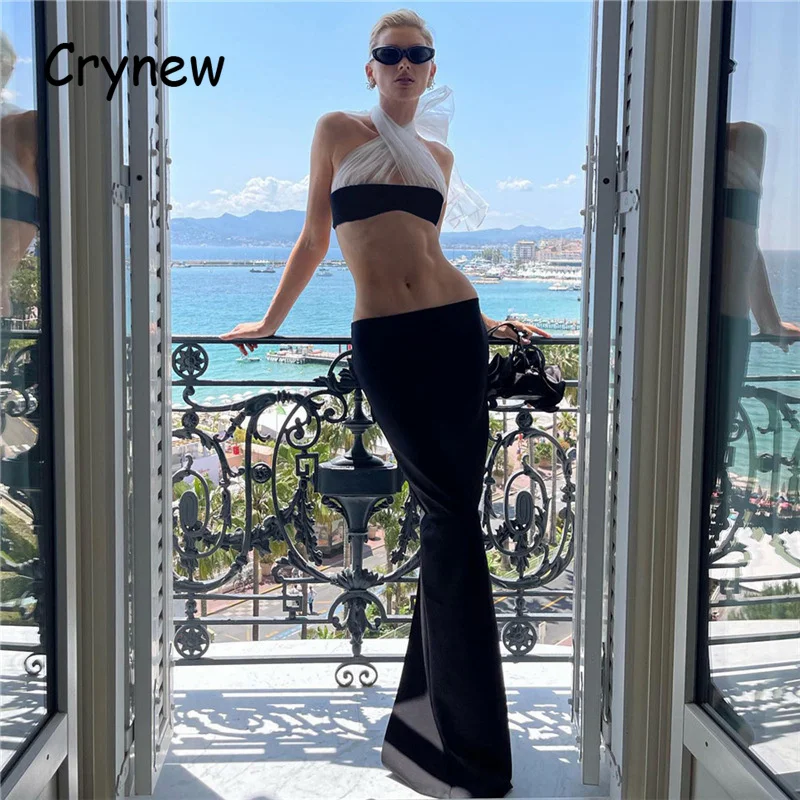 

Crynew Halter Women Elegant Dress Set 2023 Summer Mesh Sexy Backless Crop Tops And Maxi Skirt Two Piece Set Party Club