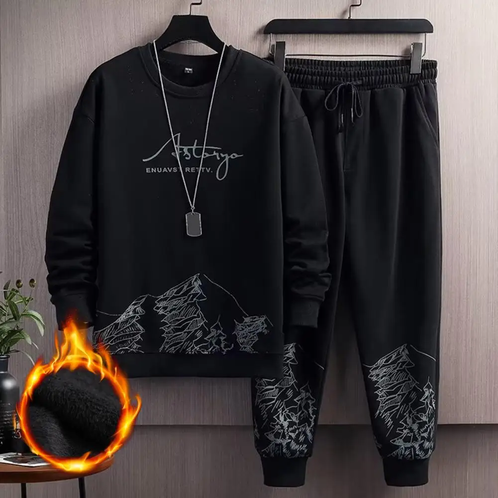 1 Set Men Tracksuit Plush Skin-touch Keep Warm Ribbed Cuff Sweatshirt Lace-up Sweatpants Men Sweatsuit Set Clothing sports suit
