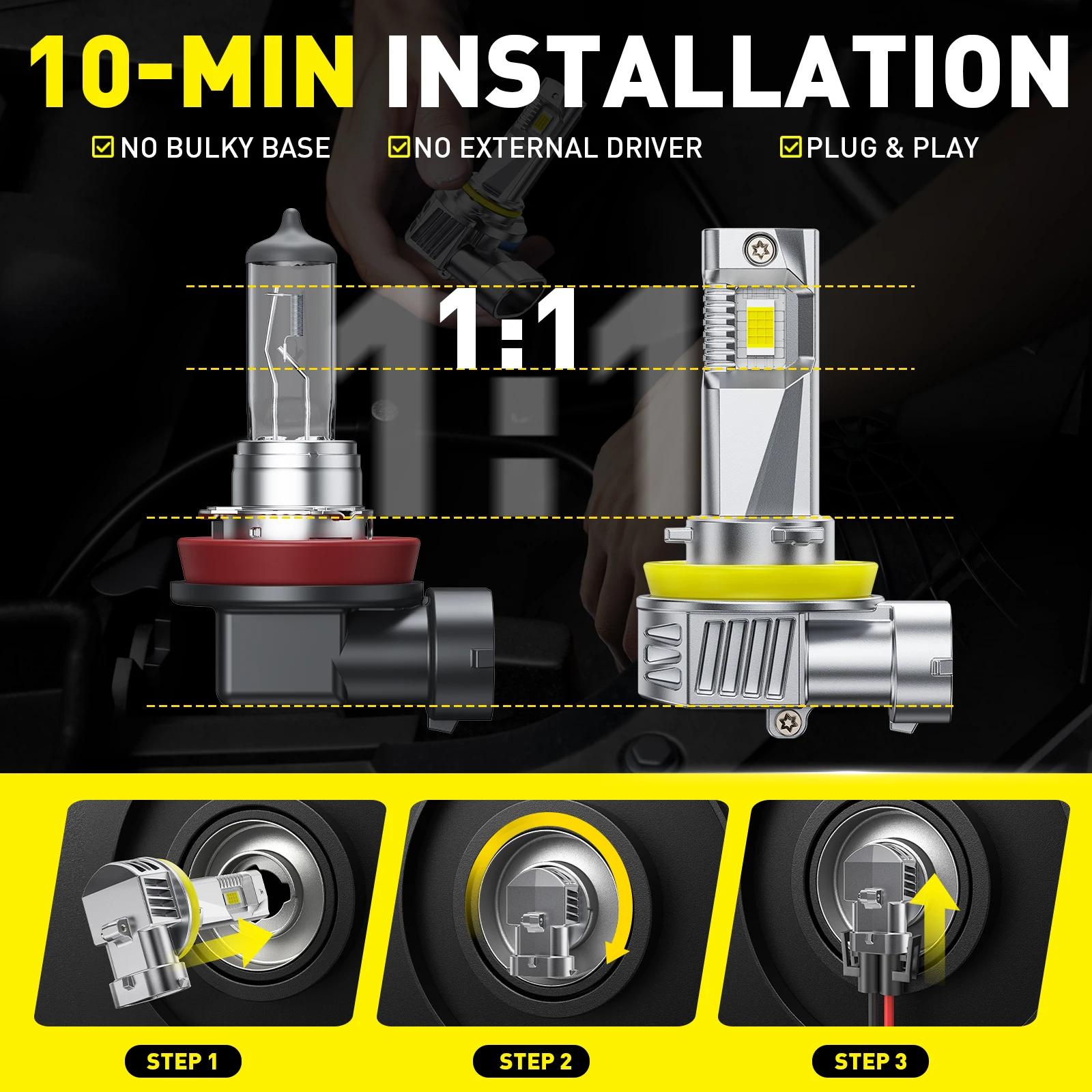 AUXITO 2개입 12000LM H11 H8 LED 안개등 6500K 백색 H16(JP) 9005 HB3 9006 HB4 LED 헤드라이트 전구 자동차 DRL 주행등 팬리스