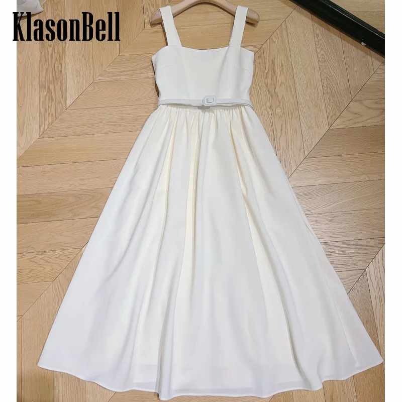 

11.24 KlasonBell Solid Color Celebrity Same Temperament Belt Collect Waist Square Collar Spaghetti Strap Dress Women