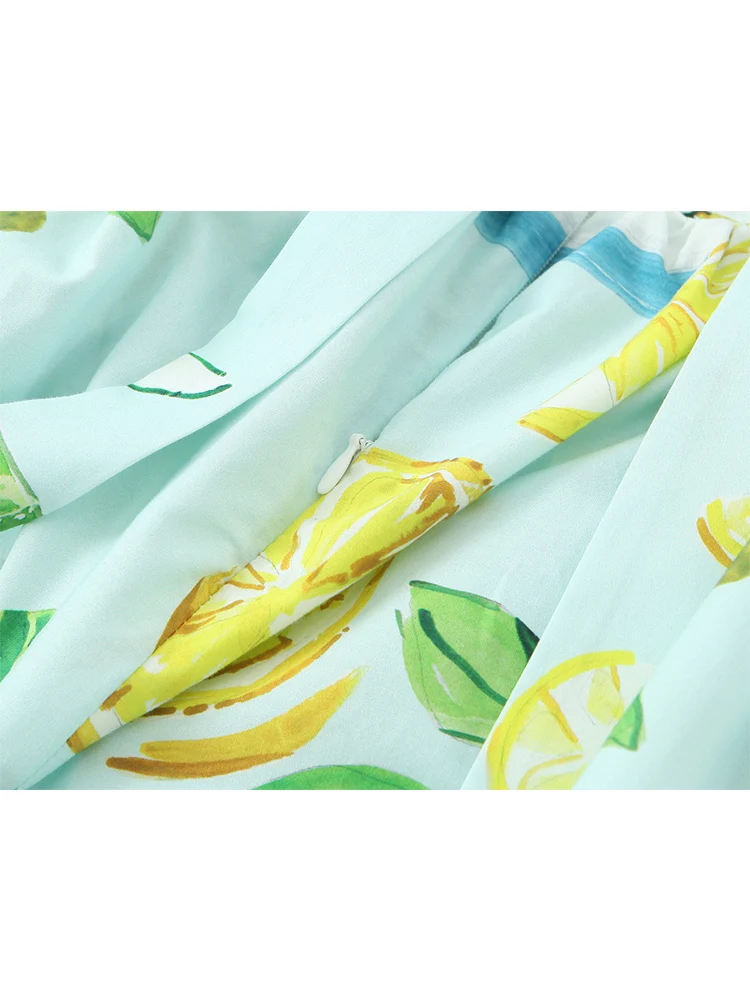 TFMLN 2025 Summer Women's Lemon Print Sling Dress Chic Backless Bow Lace Up A Line Long Dress Lady Fashion Holiday Style