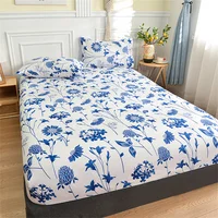 Twin Fitted Bed Sheet with Elastic Blue Flower Printed Bed Cover Single/Queen/King Bed Linen Reactive Printed Mattress Cover 180 1