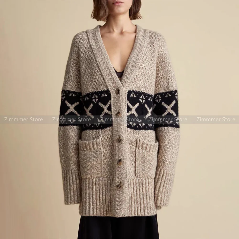 

Women's Autumn/Winter KH Heavyweight Wool Cashmere Jacquard Loose Contour Knit Sweater Jacket