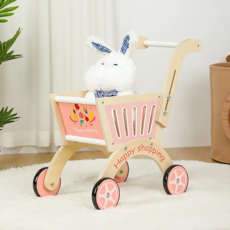 Colorful Shopping Cart Wooden Household Toys Baby Stroller Three Colors Trolley Toddler Cart 2