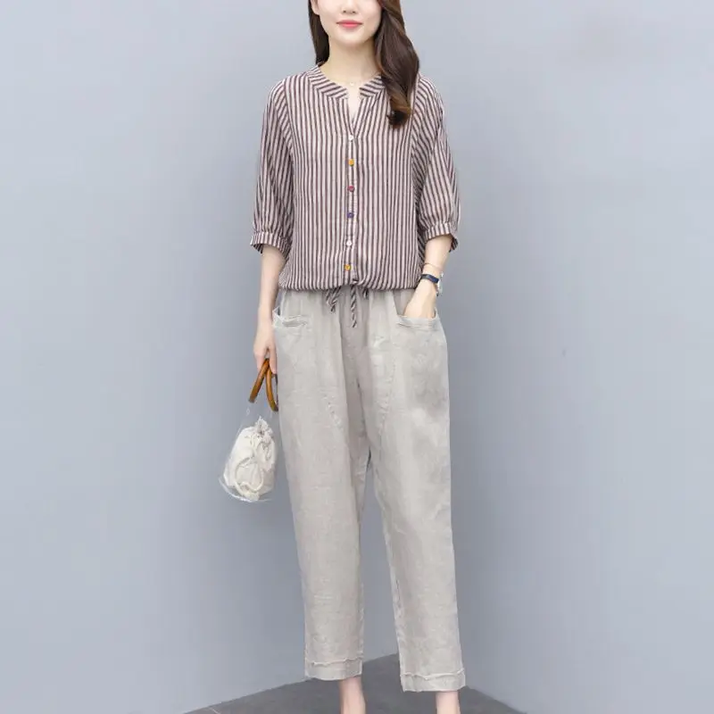 Elegant Fashion Harajuku Slim Fit Female Clothes Sets Loose Casual All Match Patchwork Button Tops Solid Trousers Two Piece Set