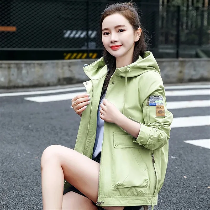 

Safari Style Cotton Short Jacket Women 2023 Fashion Spring Autumn Hooded Coat Solid Students Outerwear Casual Tops Lady Jackets