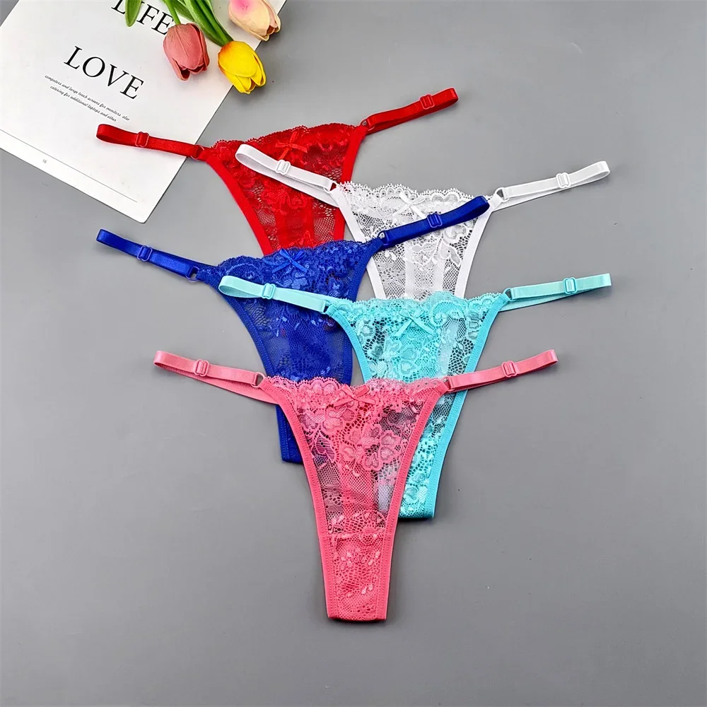 5PCS Free Shipping Seamless Women Thong Panties Adjust Belt Sexy Ice Silk G-string Lady Low Waist Lace Bikini T-back Plus Size