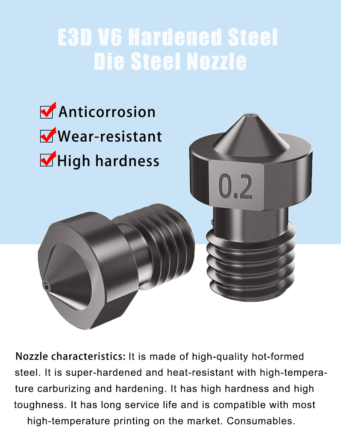 3D Printer Parts Hardened Steel Die Steel Nozzle 1.75mm 0.2/0.3/0.4/0.5mm For Printer Ender3 E3D Hot End Titan Extruder Prusa i3 printer heads