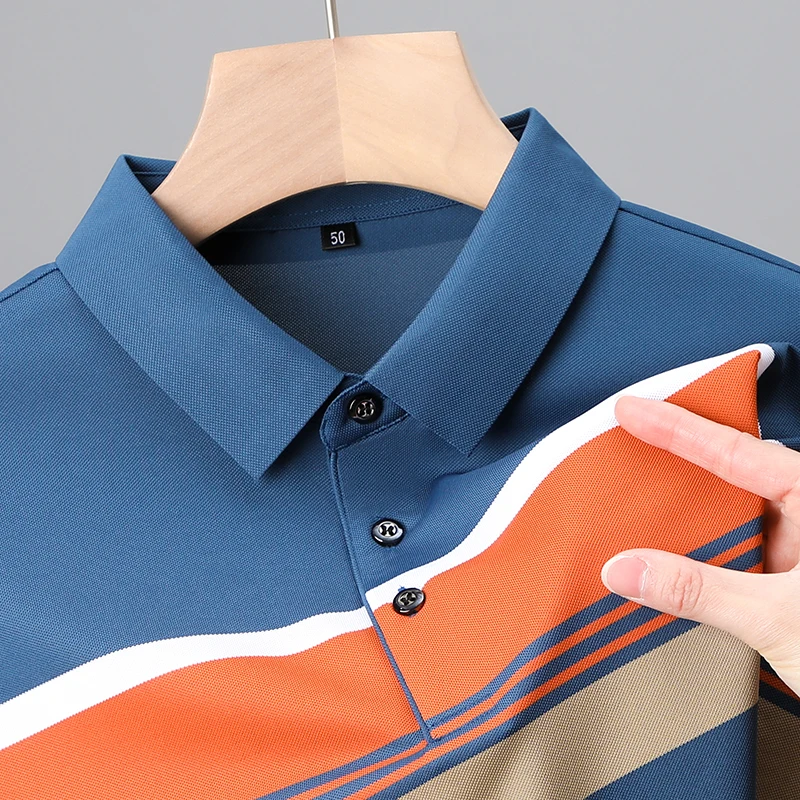 

High End Luxury Brand Ice Silk Men's Polo Shirt Summer Lapel Stripe Short Sleeved Korean Fashion Trend Casual Handsome Clothing