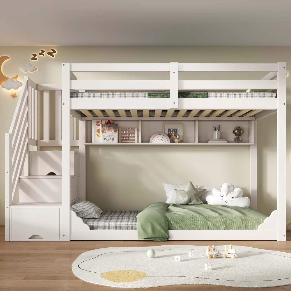 Childrens Bunk Bed with Staircase 90x200cm Wood Storage Bed Space-saving No Mattress