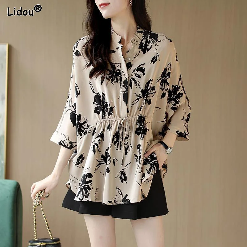 Drawstring Printing Button Round Neck Three Quarter Sleeve Pleated Spring Summer Thin Long Women's Clothing Loose Casual Shirts