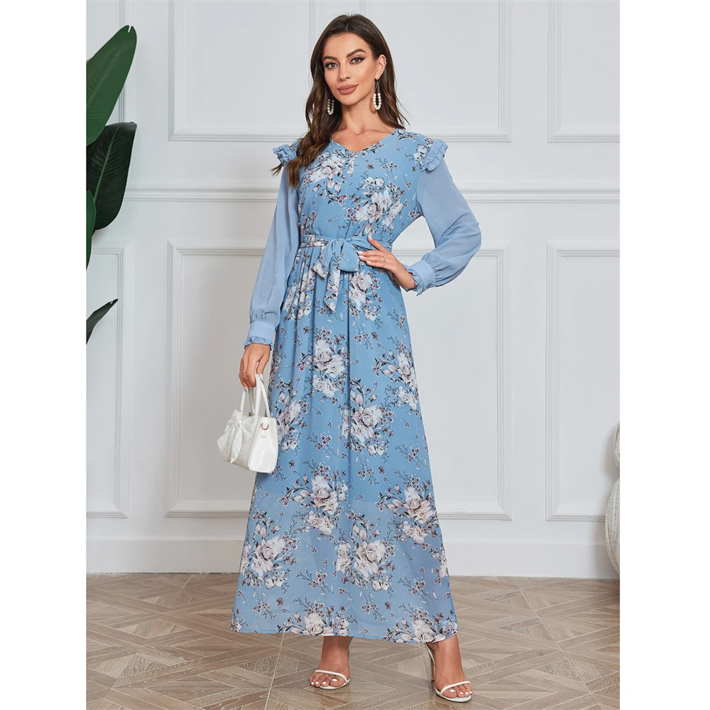 

Islamic Muslim Clothing Women Floral Printed Maxi Dress Long Sleeve Belted Abaya Dubai Kaftan Caftan Femme Musulman Caftan Robe