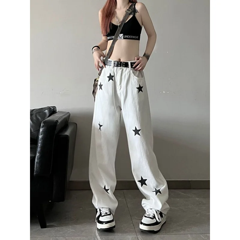 New High Street Star Print White Black Jeans Women's Denim Pants Korean Fashion Streetwear Y2k Clothes Pant Clothing High Waist