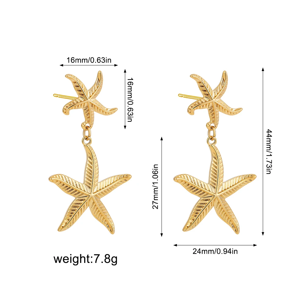 Striped Double Starfish Drop Earrings for Women Stainless Steel PVD Ribbed Star Ear Stud Party Gifts Beach Vintage Jewelry Aros