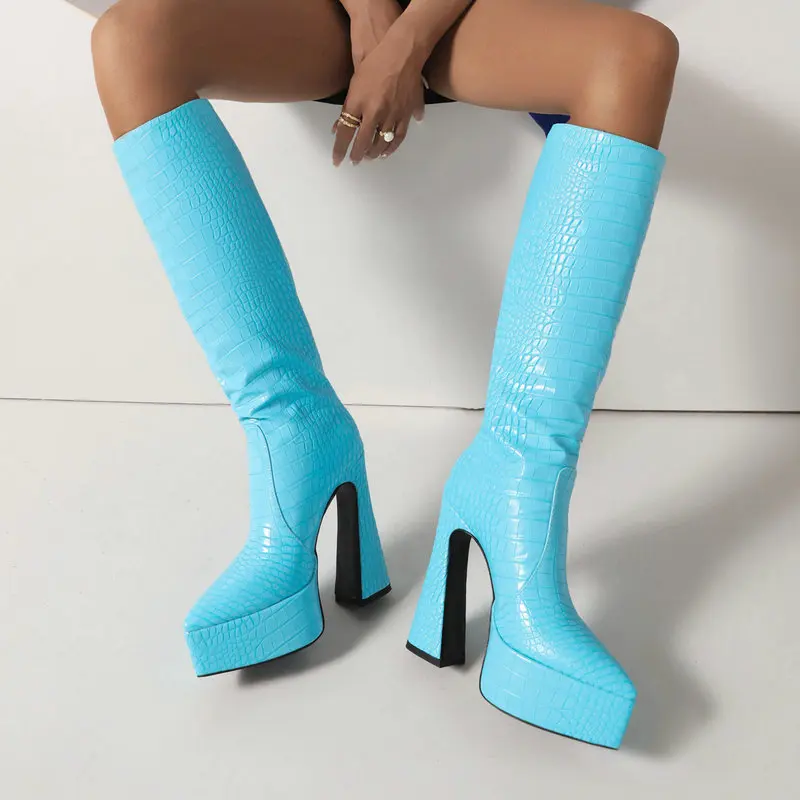 

Chic Crocodile Skin PU Leather Sky Blue Yellow Bright Green Pointed Toe High Heels Knee-High Womens Boots Winter Platform Shoes