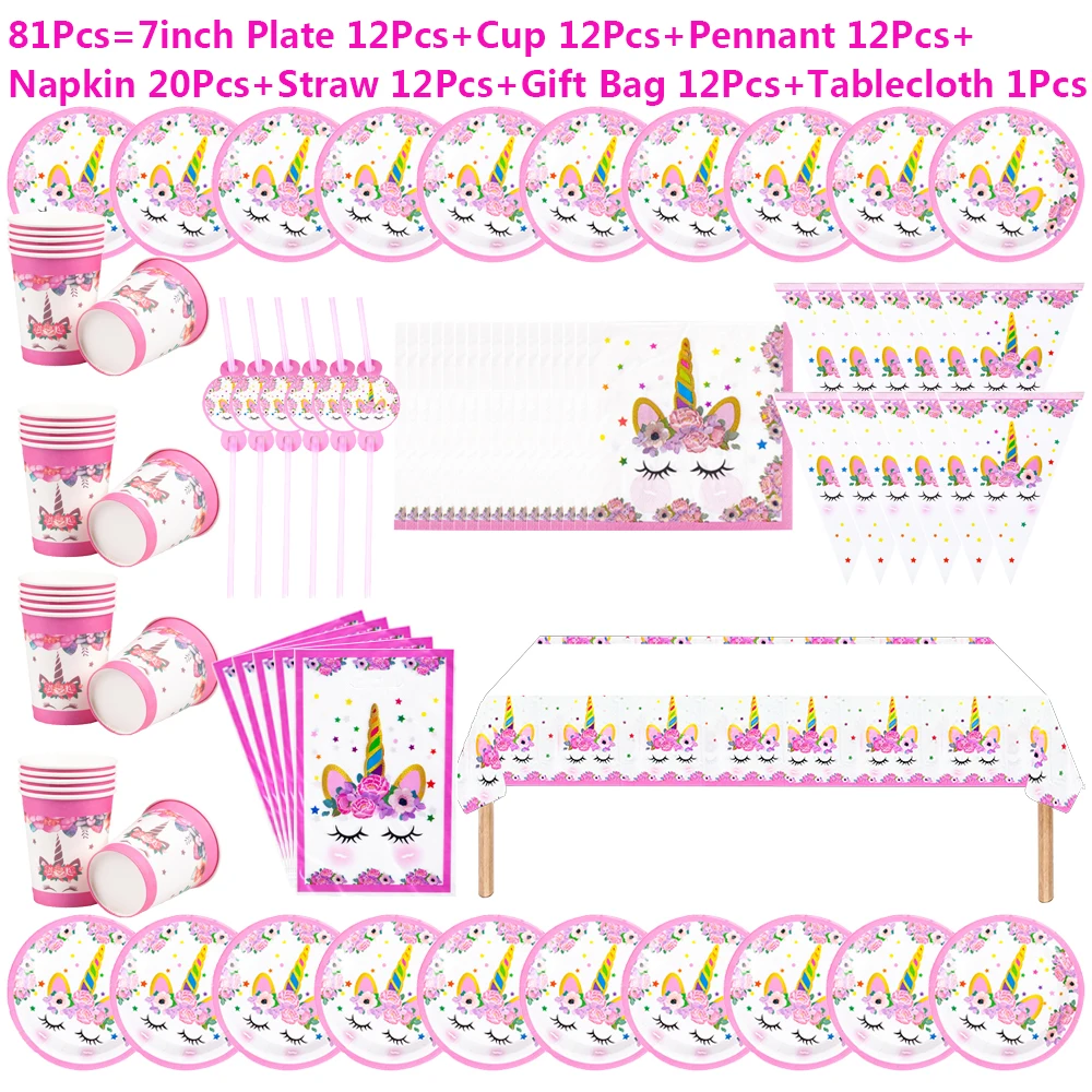 

Pink Rainbow Unicorn Party Supplies Kids Birthday Party Decorations Party Tableware Full Sets Plate Cup Napkin Pennant Talecloth