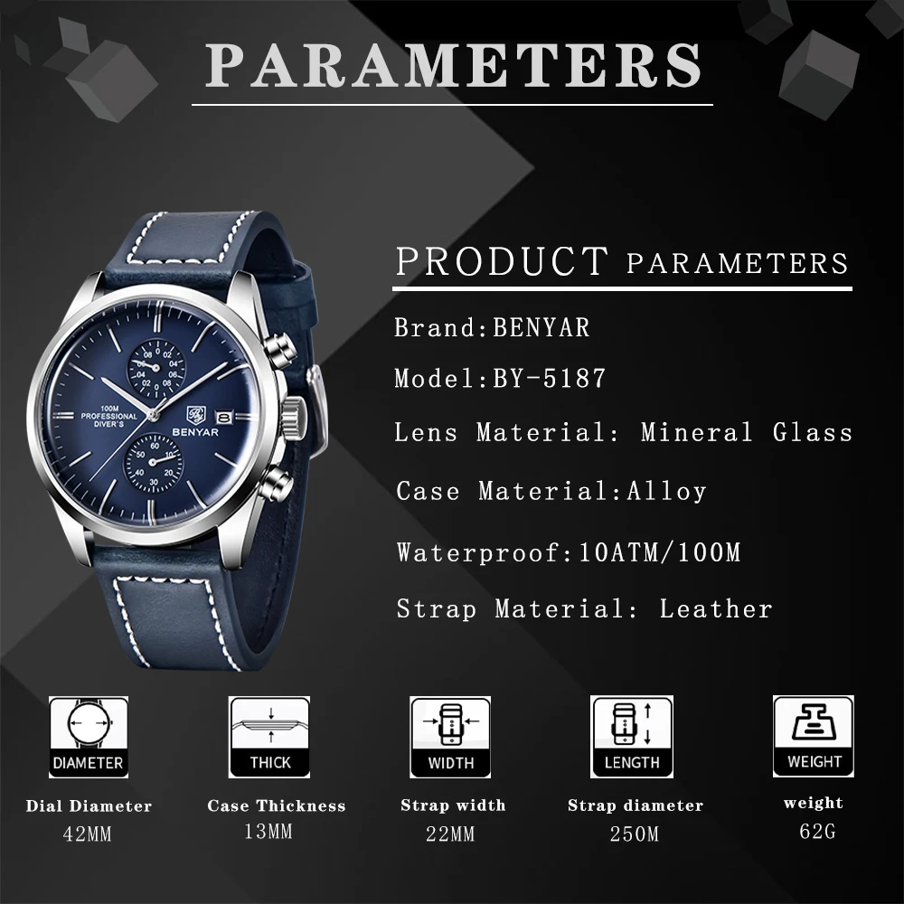 2022 New BENYAR Leather Men Quartz Wristwatches Luxury Brand 100M Waterproof Men Watch Military Sports Chronograph Watch for Men