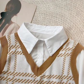 منقوشة المرقعة وهمية قطعتين القمم الإناث الخامس الرقبة بلوفر مغزول الخريف الشتاء Vintage تنوعا سليم صالح طويلة الأكمام سترة 6