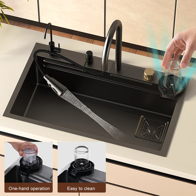 304 Stainless Steel Kitchen Sink With Waterfall Faucet Single Bowl Basin Workstation Topmount Sink With Accessories