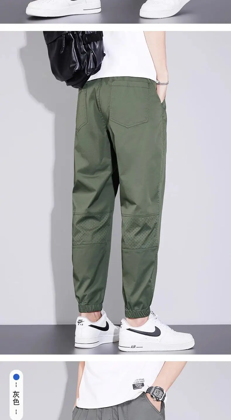 Description Picture 4 of itemSummer Solid Color Fashion Elastic Waist Ankle Length Pants Man High Street Pockets Patchwork Drawstring All-match Cargo Pants