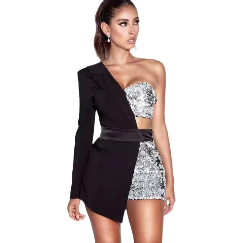 

Nightclub DJ Female Singer Stage Sexy Sequins Short Top Dresses Personalized Suit Set Women's Tuanfeng Performance Dress