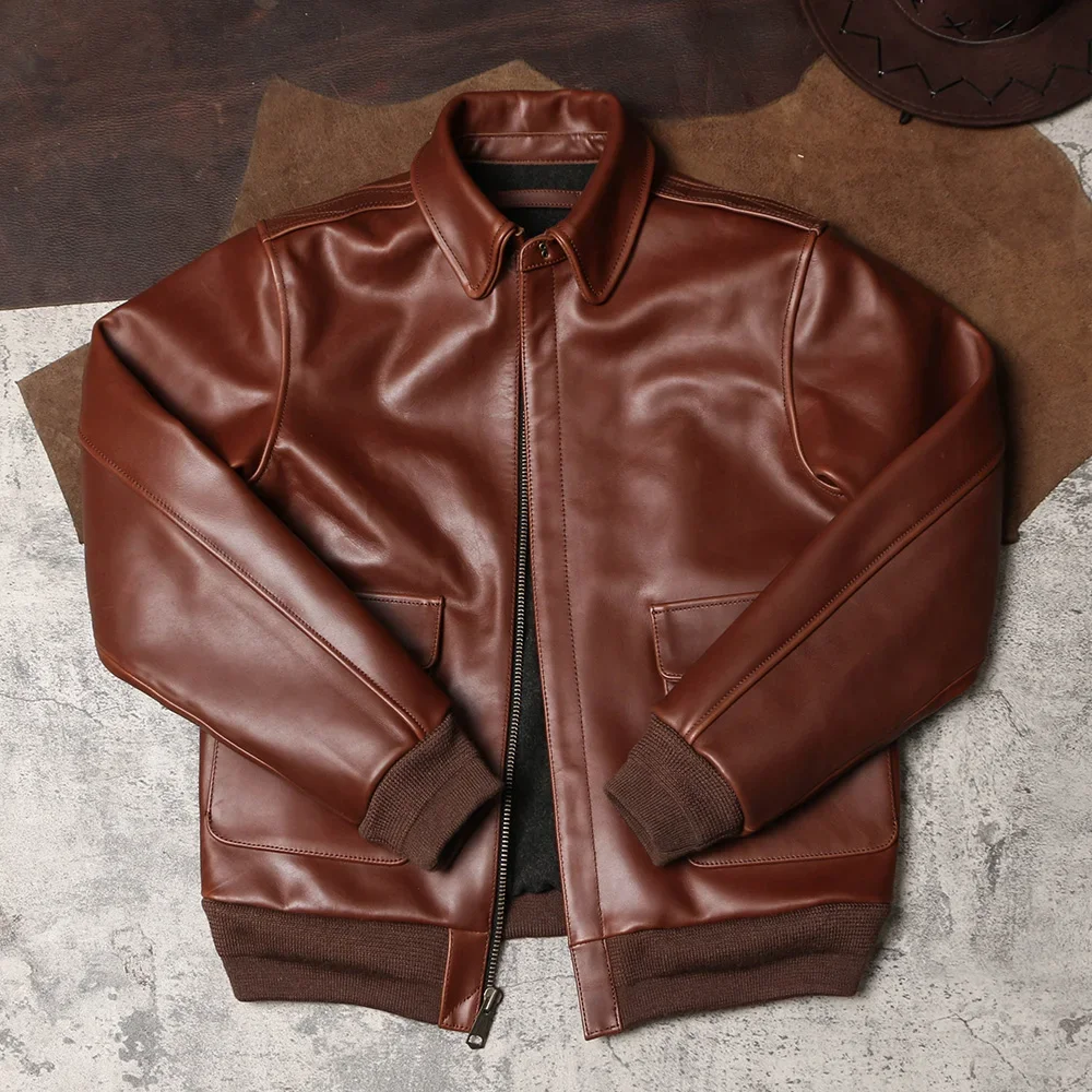 

Heavy American Leather Lapel Cropped Jacket Vintage A2 Leather Jacket Hard Waxy Cowhide Flight Suit