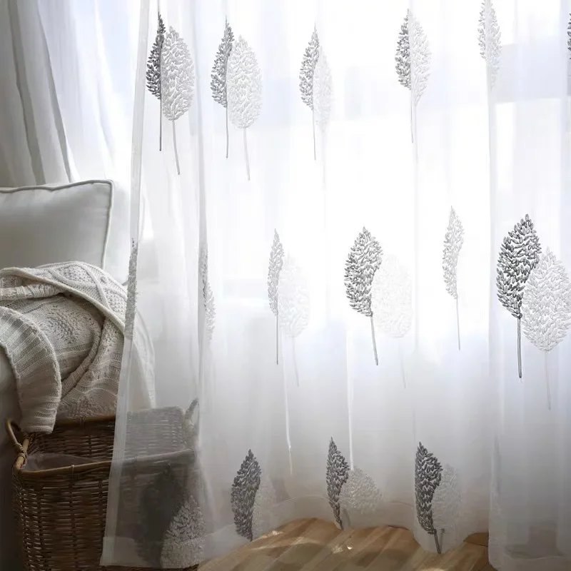 White Sheer Tulle Curtains - Modern Embroidered Translucent Window Drapes for Living Room  Bedroom