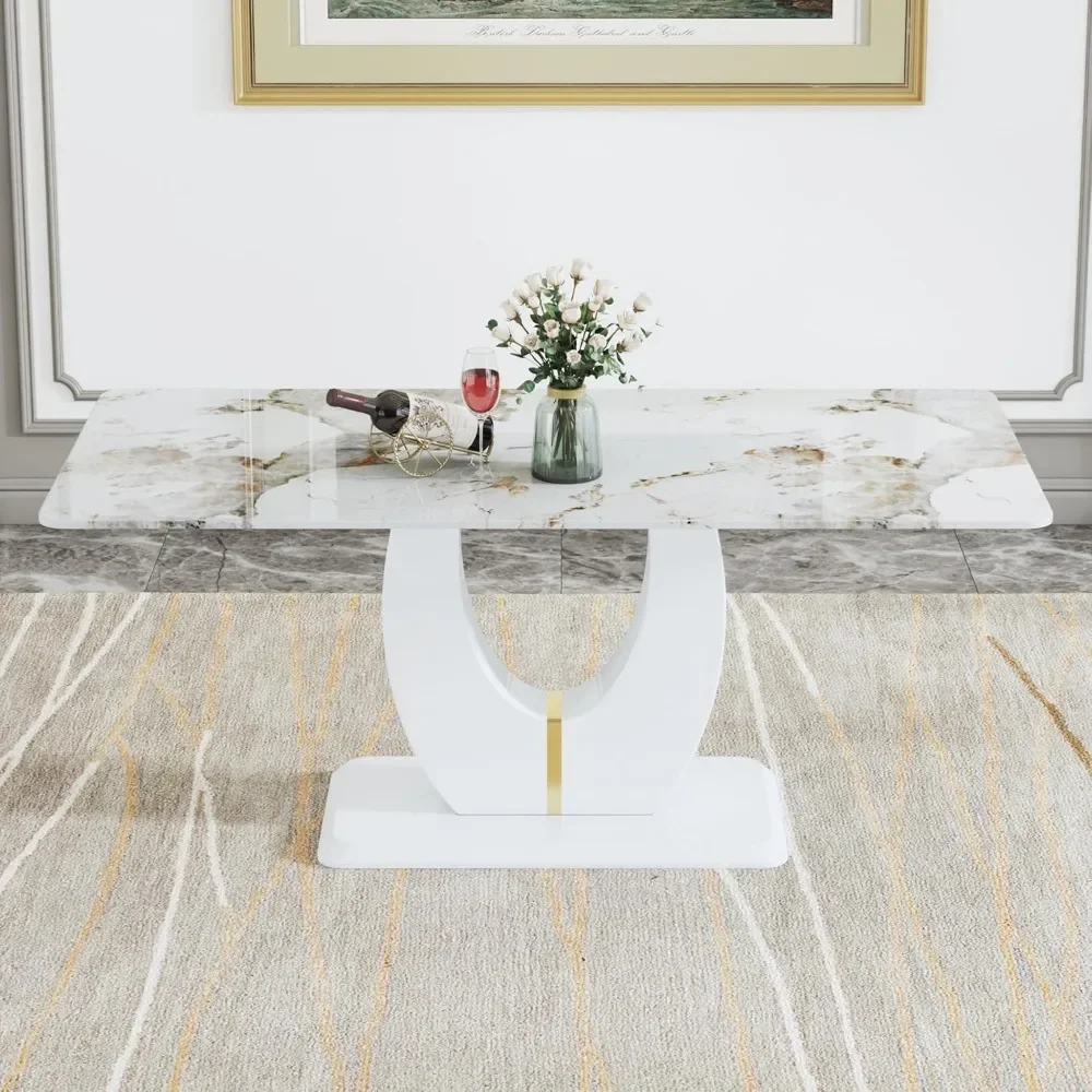 Dining Table 71" Marble Kitchen Table Modern Rectangular Dining Room Table with Marble Tables Top Wood Pedestal Base Ideal 4
