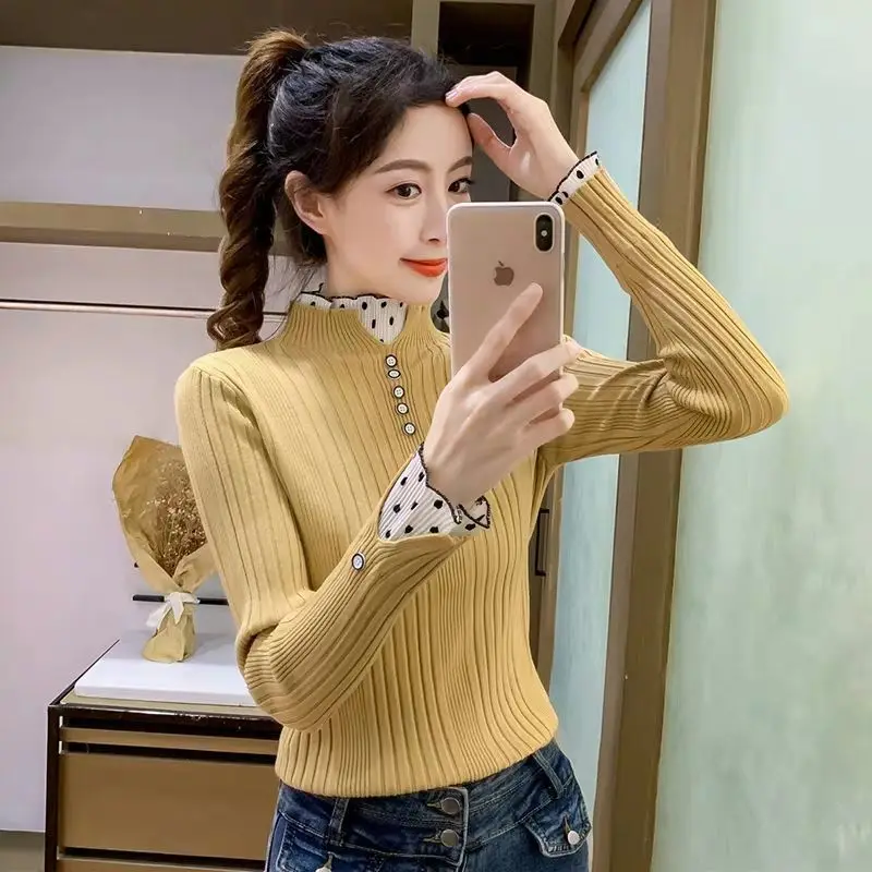 Elegant Stand Collar Knitted Spliced Button Lace Blouses Women's Clothing 2023 Autumn Winter Casual Tops Princess Sleeve Shirts