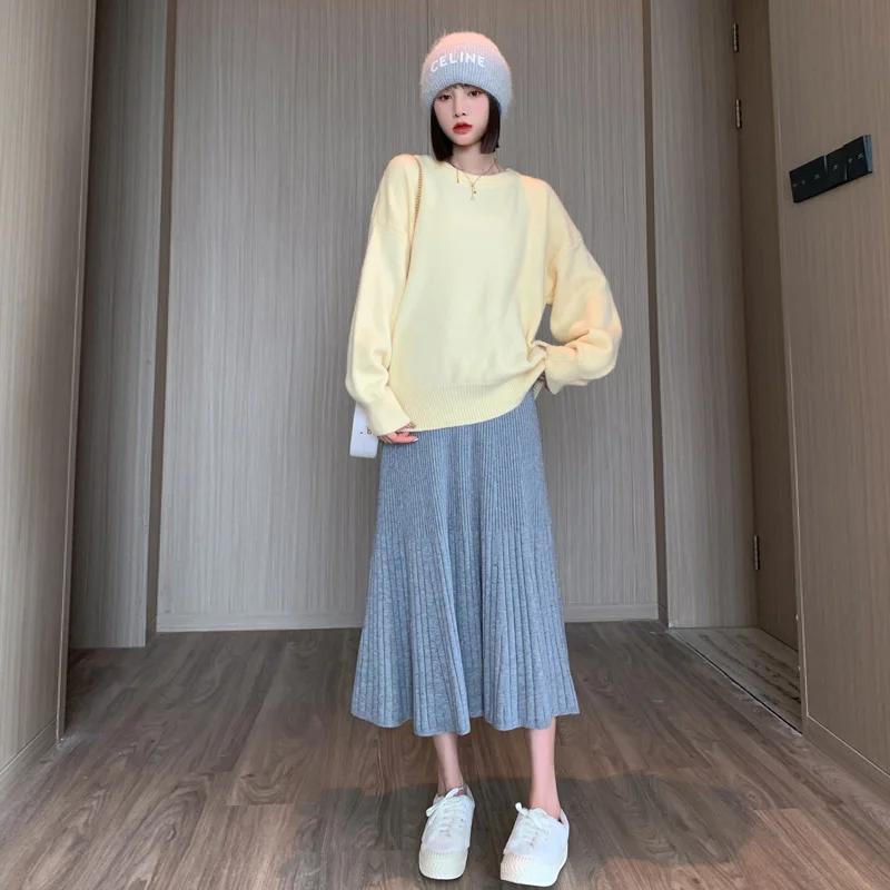 Winter Pregnant Women High Waist Belly Skirts Fashion Knitted Skirts Adjustable Waist Long Loose Maternity Empired Pleated Skirt
