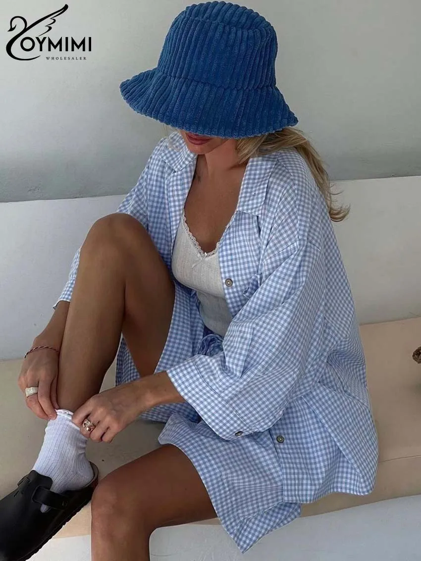 Oymimi Fashion Blue Plaid Print Women 2 Piece Set Outfit Elegant Lapel Three Quarter Sleeve Shirts And Drawstring Shorts Sets