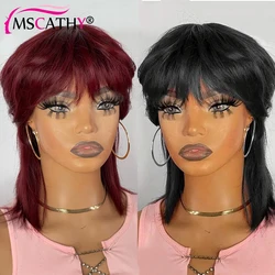 Glueless 99J Human Hair Wigs For Black Women Full Machine Made Brazilian Remy Hair Wig With Bangs Mullet Black Ready To Go Wigs