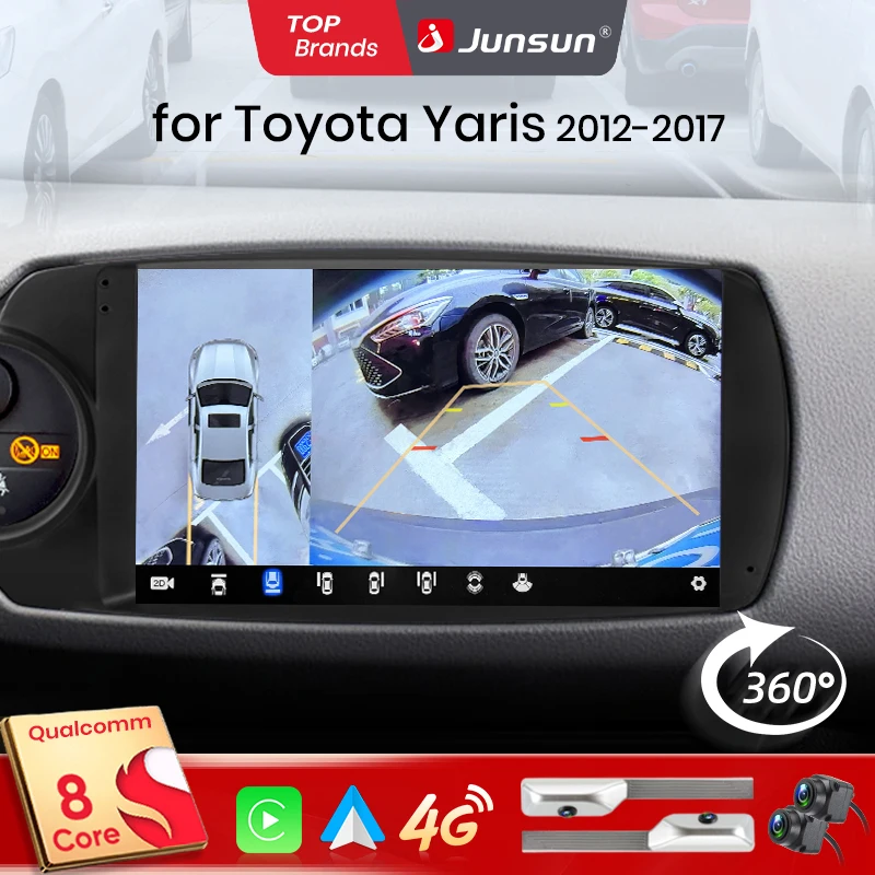 Junsun Qualcomm 8-Kern 360 ° Optionale Kamera, CarPlay, Android Auto Autoradio für Toyota Yaris 2012-2017, 2-DIN-Systeme, Stereo, GPS, SWC, Bluetooth, FM, RDS, DSP, IPS-Bildschirm, intelligente Fahrzeugsysteme, KI-Sprachsteuerung, 4G, WLAN, 8-Kern-Prozessor, Plug&Play-Headunit