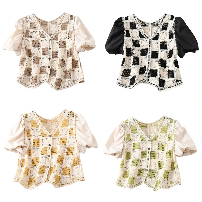 

Embroidered Edge Clothings V-Neck Short Knitted Sweater Chiffon Vest Women Button Down Cardigan Hollows Casual Sweaters Y1QD