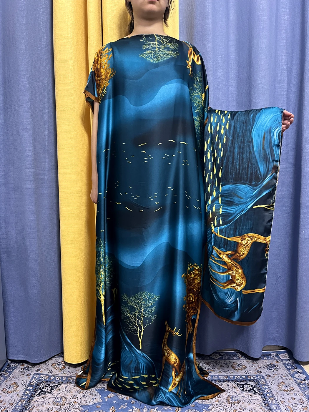Muslim Abayas For Women 2023 Dubai Fashion Summer Printed Silk Loose Femme Robe African Nigeria Short Sleeve Dresses With Turban