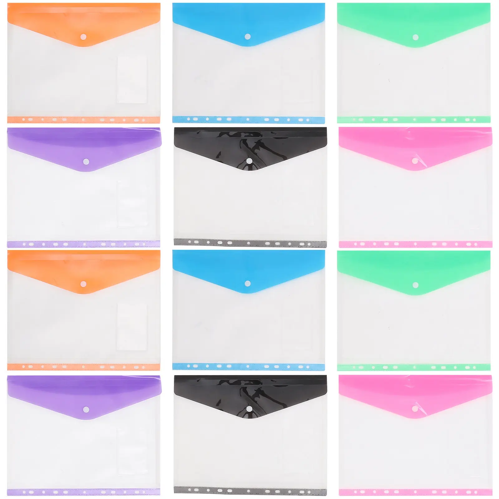 12Pcs PP 문서 가방 사무실 학교 여행 파일 보관 주최자 바인더 포켓을위한 투명한 스냅 버튼 파일 파우치