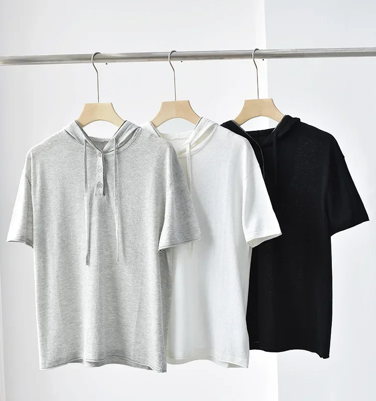 

Hooded Sweater for Women 2023 New Beading Chain Solid Color Versatile Casual Short Sleeve Pullover