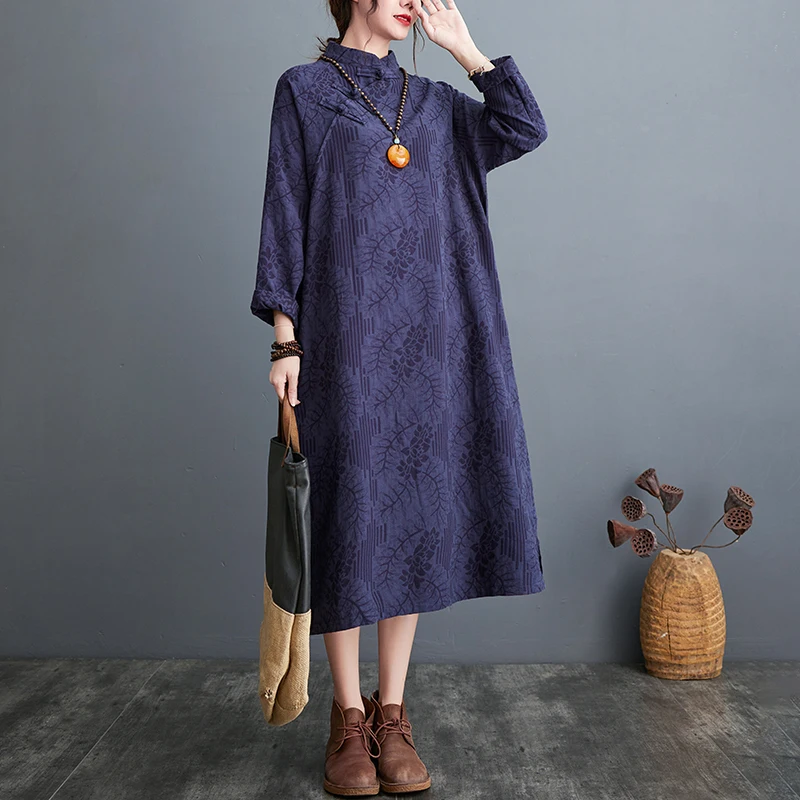 2022 Stand Collar Vintage Chinese Style Autumn Winter Dress