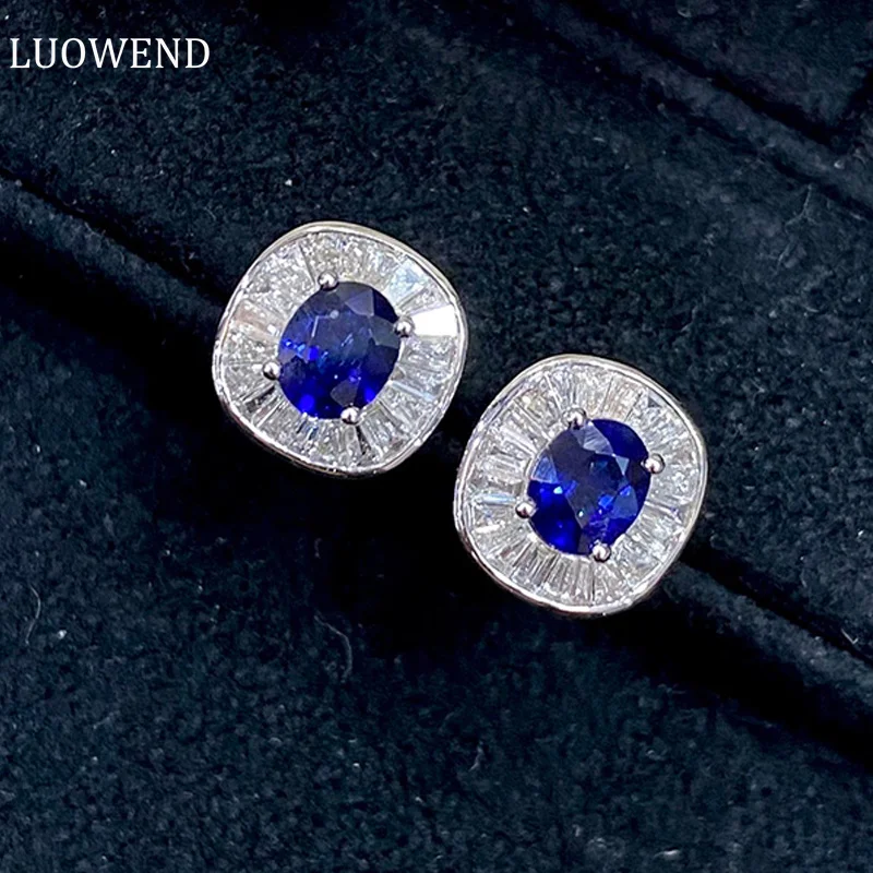 LUOWEND 18K White Gold Earrings Real Natural Sapphire Stud Earrings Fashion Geometric Shape Party Jewelry for Women