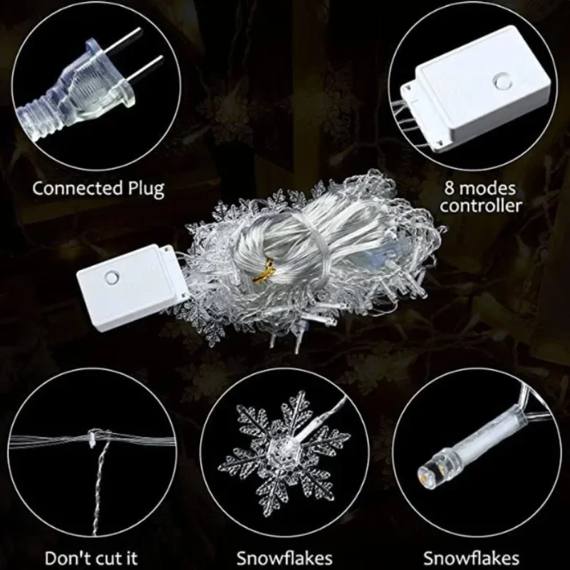 Guirxiété lumineuse LED flocon de neige pour Noël, 8 modes, étanche, nickel é, rideau, fête, mariage, vacances, décoration de Noël