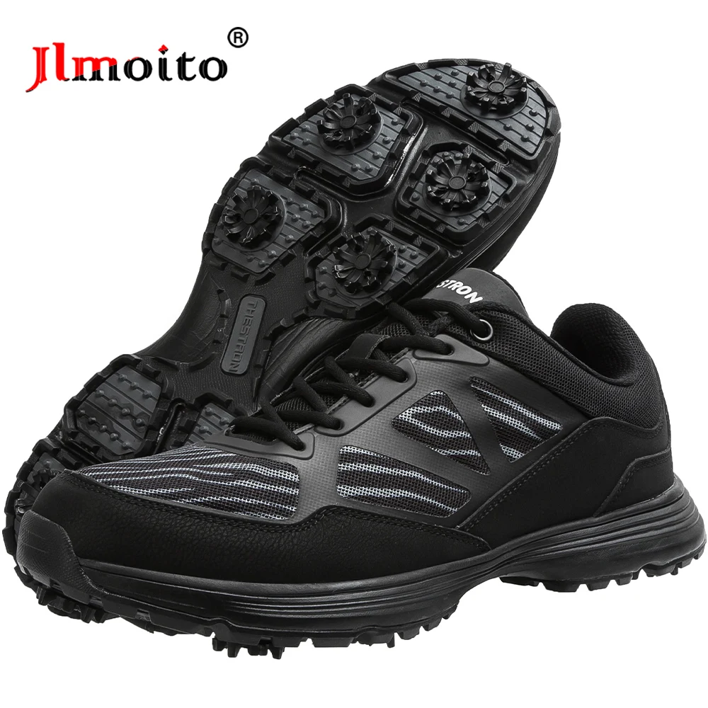 

Waterproof Men Leather Golf Shoes Black Non-slip Spikes Golf Sneakers Golf Training Sneakers Lace Up Golf Athletic Shoes Size 48