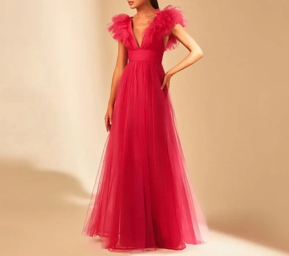 

Cenove Chiffon A-Line Evening Gown Girl Princess V-Neck Prom Formal Long Red New Party Dresses for Women 2023 Bridesmaid