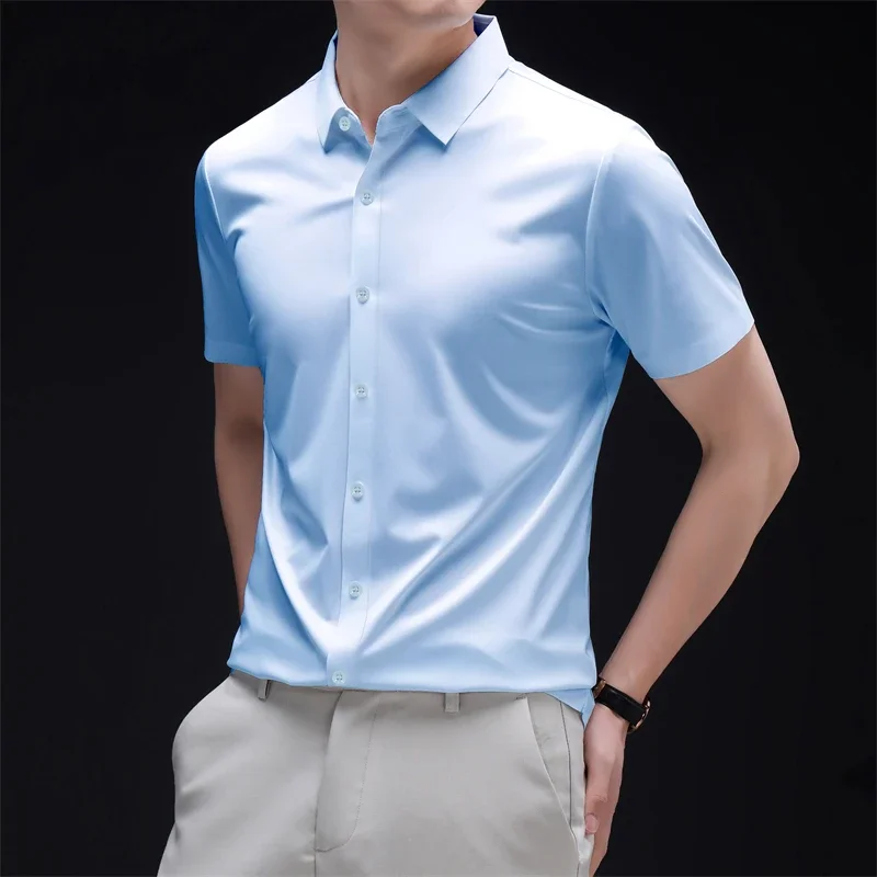New Men's Business Casual Short Sleeved Solid Color Shirt Wrinkle Resistant Wrinkle Free Comfortable All Season Versatile Top 5